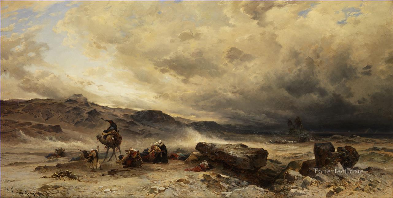Camel train in a sandstorm Hermann David Salomon Corrodi orientalist scenery Oil Paintings